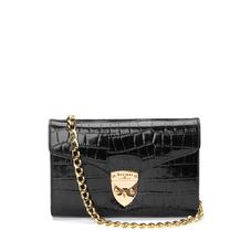 Manhattan Clutch with Chain in Deep Shine Black Croc
