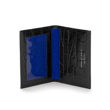 ID & Travel Card Case in Deep Shine Black Croc & Cobalt Suede