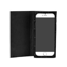 iPhone 7/8 Leather Book Case in Deep Shine Black Croc & Black Suede
