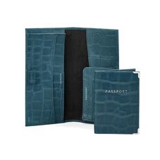 Lindberg Travel Wallet with Passport Cover in Teal Nubuck Croc
