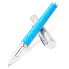 Sterling Silver & Leather Rollerball Pen in Aquamarine Lizard