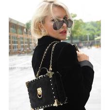 Lion Mini Trunk Clutch in Black Velvet & Deep Shine Croc with Studs