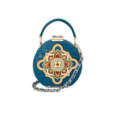 Micro Hat Box in Deep Shine Topaz Small Croc with Tudor Embroidery
