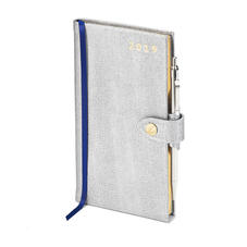 Slim Pocket Leather Diary with Pen in Silver Saffiano