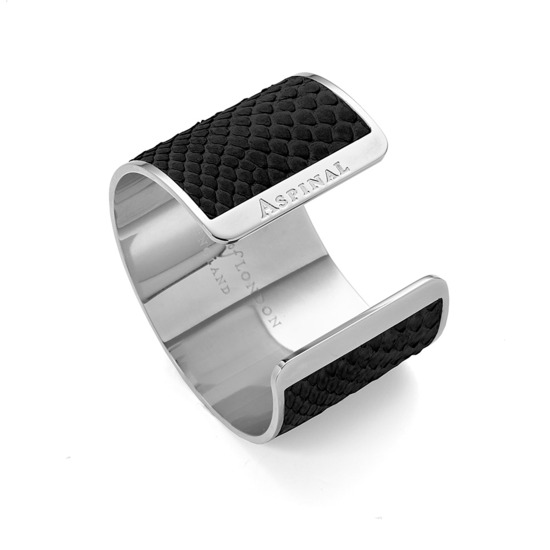 Silver Cleopatra Cuff Bracelet in Black Python from Aspinal of London