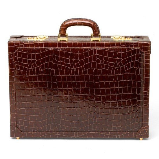 Attache Case in Deep Shine Amazon Brown Croc & Stone Suede from Aspinal of London