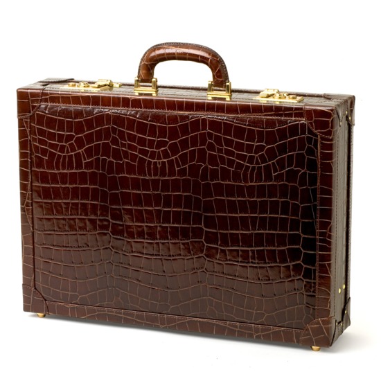 Attache Case in Deep Shine Amazon Brown Croc & Stone Suede from Aspinal of London