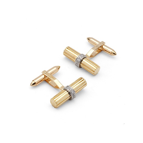 Rifle Barrell Cufflinks Gemset with Cluster Diamonds in 9ct Yellow Gold from Aspinal of London