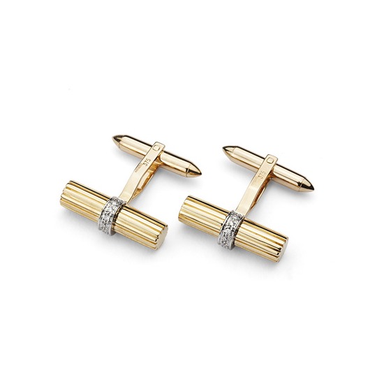 Rifle Barrell Cufflinks Gemset with Cluster Diamonds in 9ct Yellow Gold from Aspinal of London
