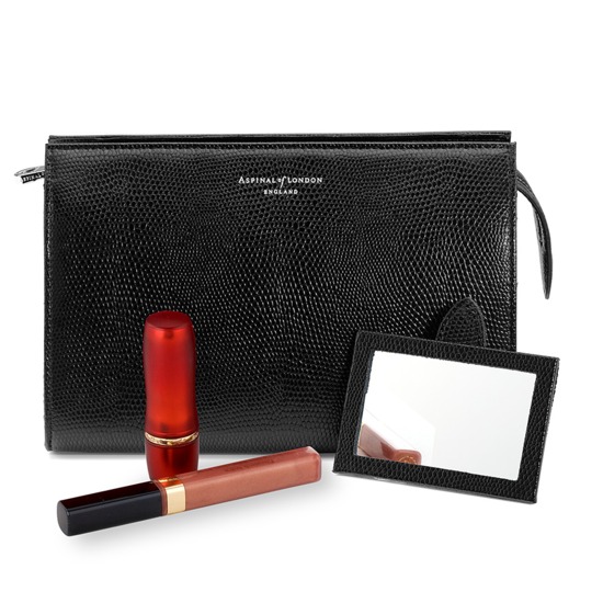 Medium Cosmetic Case in Jet Black Lizard from Aspinal of London