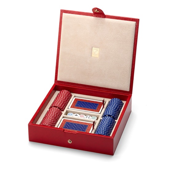 100 Chip Leather Poker Set in Berry Lizard from Aspinal of London