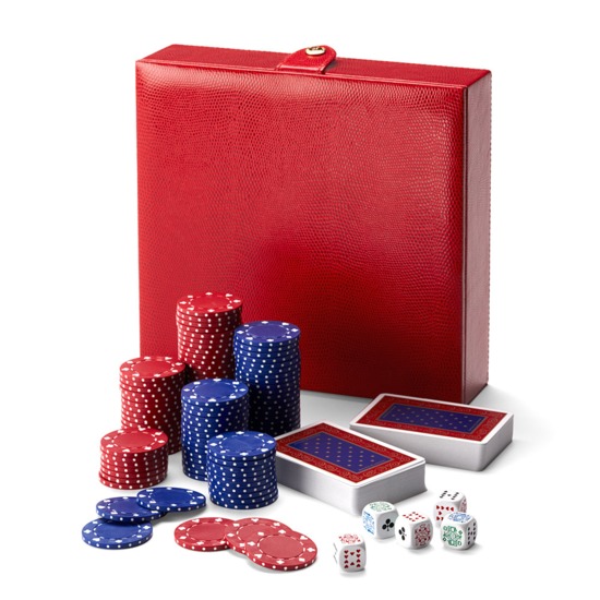 100 Chip Leather Poker Set in Berry Lizard from Aspinal of London