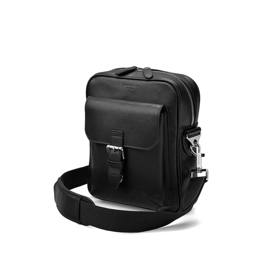 Small Harrison Messenger Bag in Smooth Black from Aspinal of London