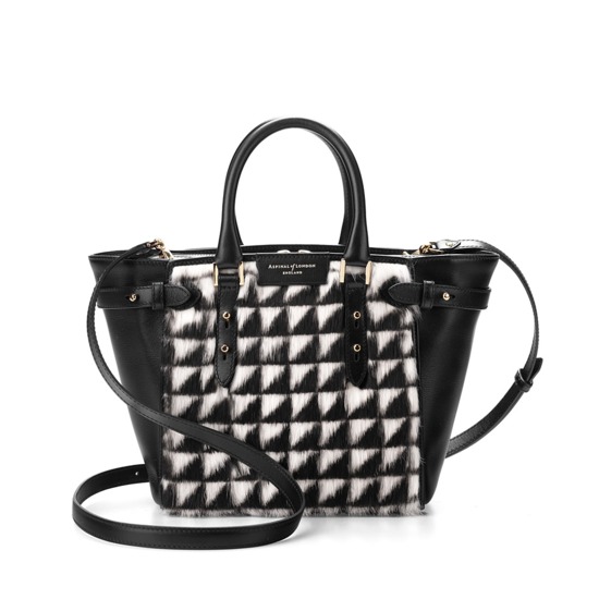 Mini Marylebone Tote in Geometric Fur & Smooth Black from Aspinal of London