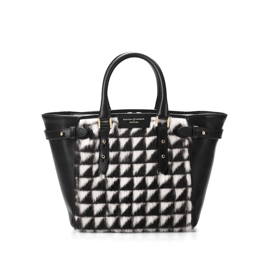 Mini Marylebone Tote in Geometric Fur & Smooth Black from Aspinal of London