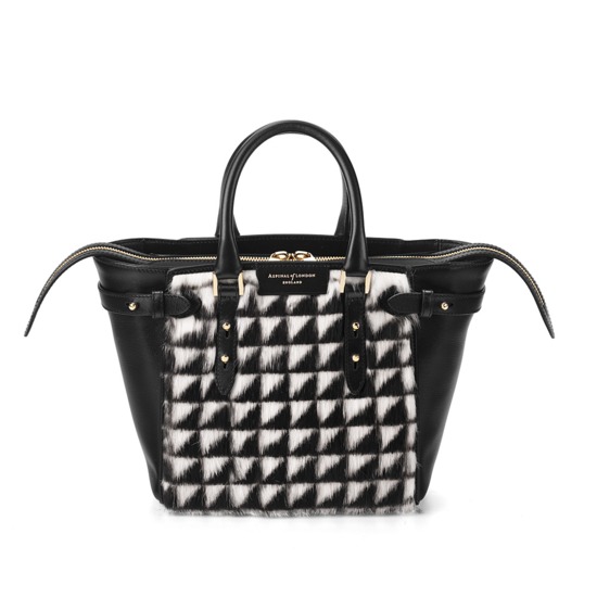 Mini Marylebone Tote in Geometric Fur & Smooth Black from Aspinal of London