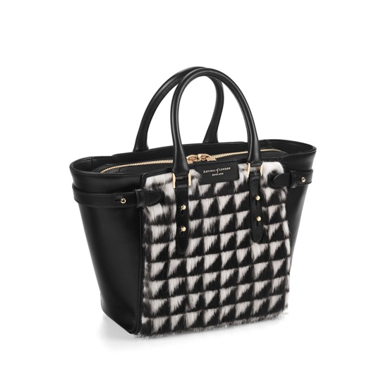 Mini Marylebone Tote in Geometric Fur & Smooth Black from Aspinal of London
