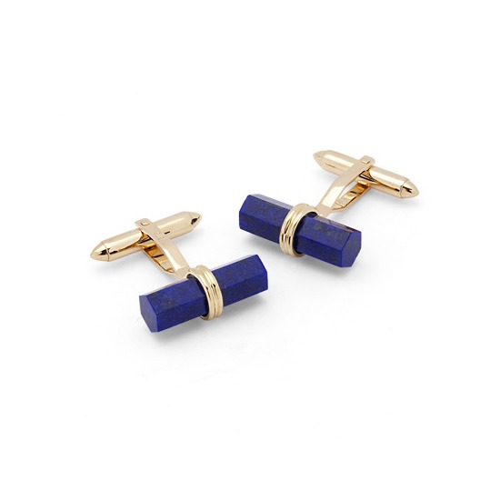 Angled Lapis Lazulite Barrel Cufflinks in Yellow Gold from Aspinal of London