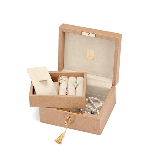 Bijou Jewellery Box in Deer Saffiano & Cream Suede from Aspinal of London