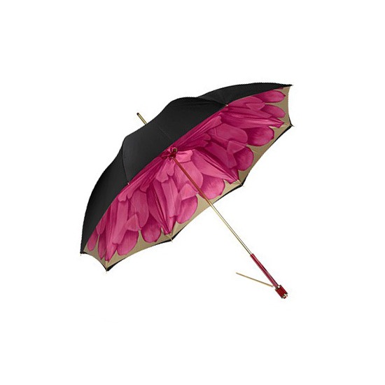 Ladies Umbrella in Black with Fuchsia Flower from Aspinal of London