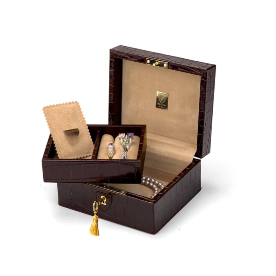 Bijou Jewellery Box in Deep Shine Amazon Brown Croc & Stone Suede from Aspinal of London
