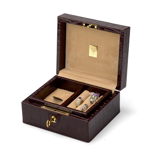 Bijou Jewellery Box in Deep Shine Amazon Brown Croc & Stone Suede from Aspinal of London