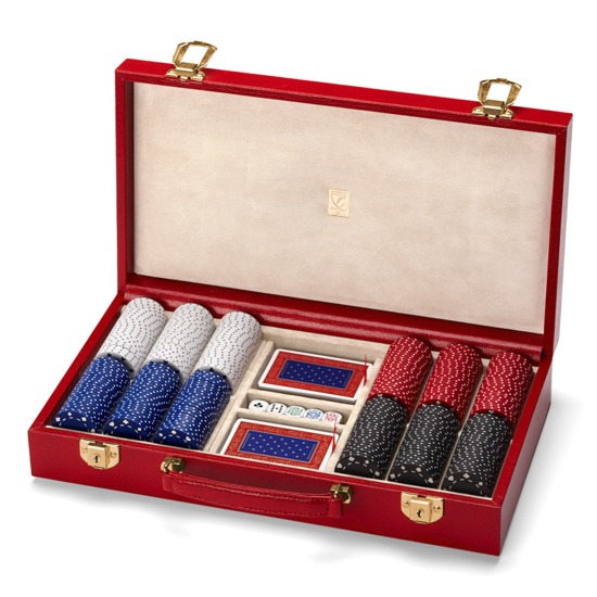 300 Chip Leather Poker Set in Berry Lizard from Aspinal of London