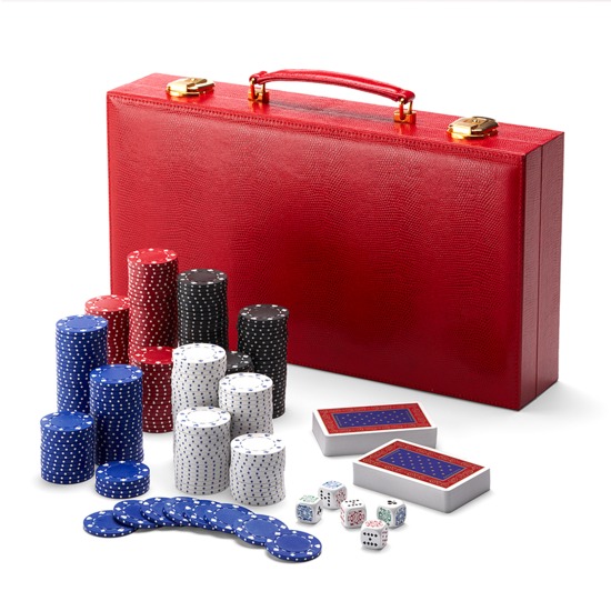 300 Chip Leather Poker Set in Berry Lizard from Aspinal of London