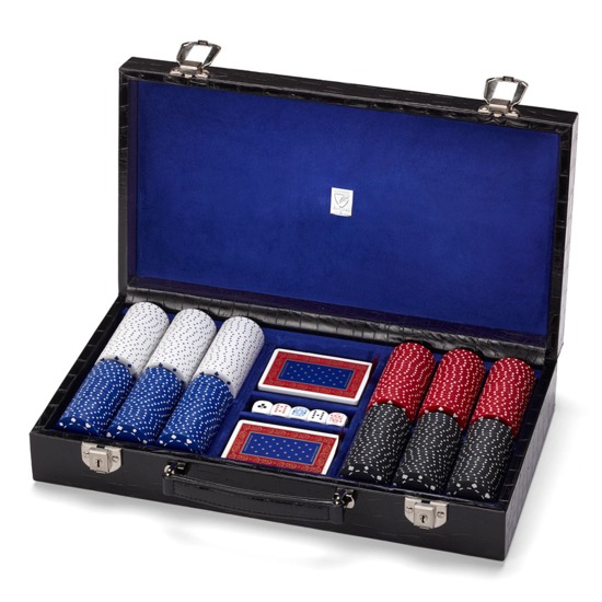 300 Chip Leather Poker Set in Deep Shine Black Croc & Cobalt Blue Suede from Aspinal of London