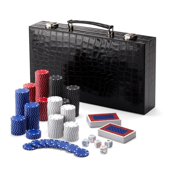 300 Chip Leather Poker Set in Deep Shine Black Croc & Cobalt Blue Suede from Aspinal of London