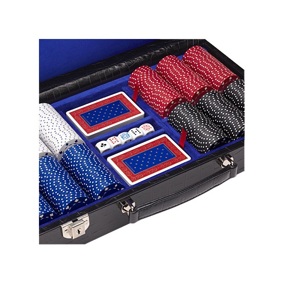 300 Chip Leather Poker Set in Deep Shine Black Croc & Cobalt Blue Suede from Aspinal of London