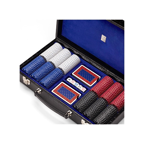 300 Chip Leather Poker Set in Deep Shine Black Croc & Cobalt Blue Suede from Aspinal of London