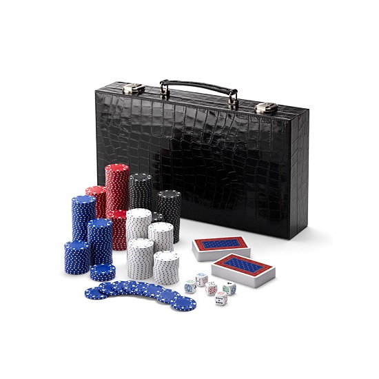 300 Chip Leather Poker Set in Deep Shine Black Croc & Cobalt Blue Suede from Aspinal of London