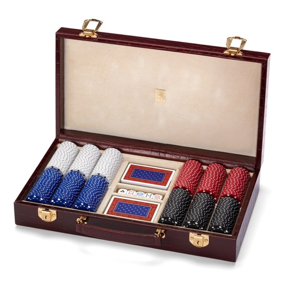 300 Chip Leather Poker Set in Deep Shine Amazon Brown Croc & Cream Suede from Aspinal of London