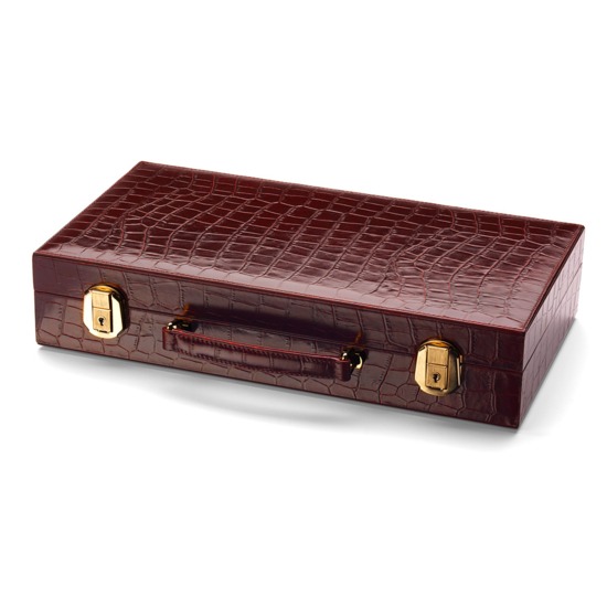 300 Chip Leather Poker Set in Deep Shine Amazon Brown Croc & Cream Suede from Aspinal of London