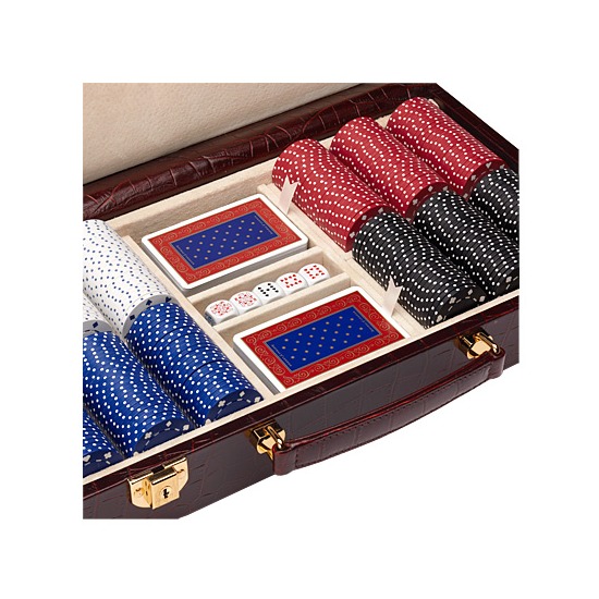 300 Chip Leather Poker Set in Deep Shine Amazon Brown Croc & Cream Suede from Aspinal of London