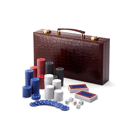 300 Chip Leather Poker Set in Deep Shine Amazon Brown Croc & Cream Suede from Aspinal of London