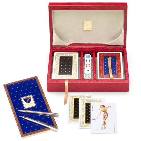 Bridge Set in Leather Case in Berry Lizard from Aspinal of London