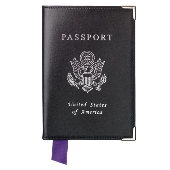 USA Passport Cover in Smooth Black with Purple Ribbon from Aspinal of London
