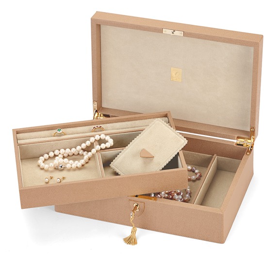 Savoy Jewellery Box in Deer Saffiano & Cream Suede from Aspinal of London
