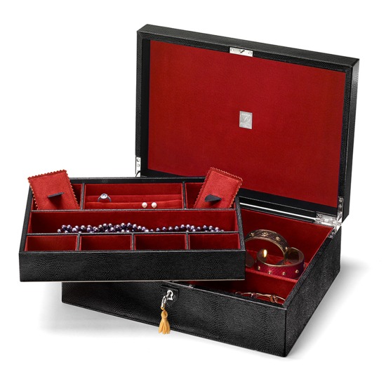 Grand Luxe Jewellery Case in Jet Black Lizard & Red Suede from Aspinal of London