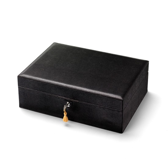 Grand Luxe Jewellery Case in Jet Black Lizard & Red Suede from Aspinal of London