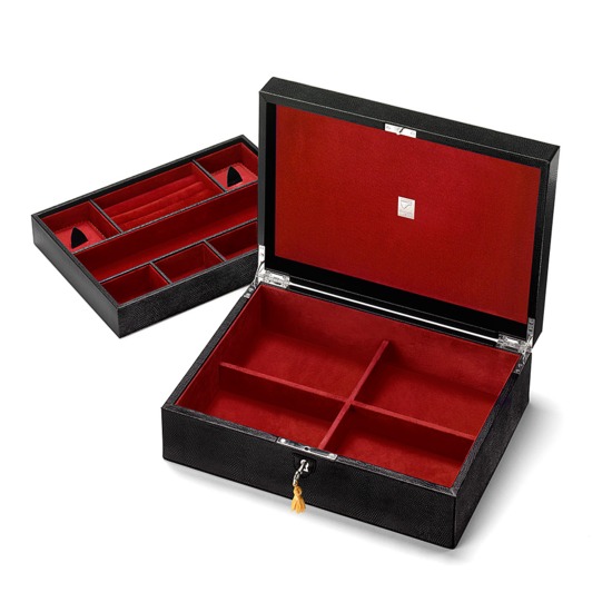 Grand Luxe Jewellery Case in Jet Black Lizard & Red Suede from Aspinal of London