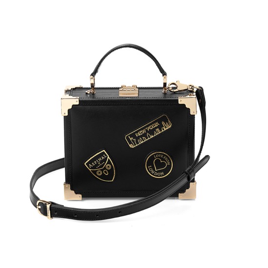 Mini Trunk Clutch in Smooth Black with NYC Patches from Aspinal of London