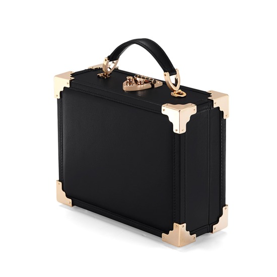 Mini Trunk Clutch in Smooth Black with NYC Patches from Aspinal of London