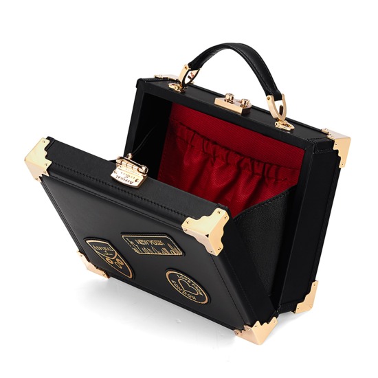 Mini Trunk Clutch in Smooth Black with NYC Patches from Aspinal of London