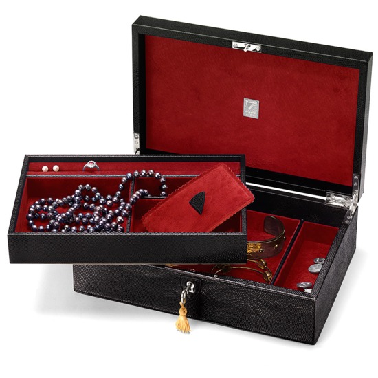 Savoy Jewellery Box in Jet Black Lizard & Red Suede from Aspinal of London