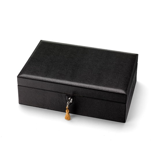 Savoy Jewellery Box in Jet Black Lizard & Red Suede from Aspinal of London