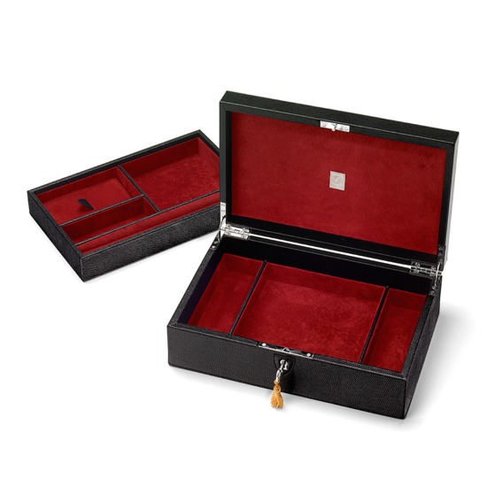 Savoy Jewellery Box in Jet Black Lizard & Red Suede from Aspinal of London