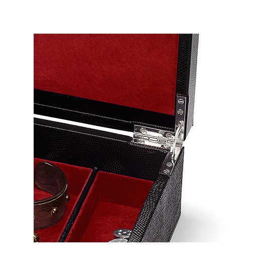 Savoy Jewellery Box in Jet Black Lizard & Red Suede from Aspinal of London